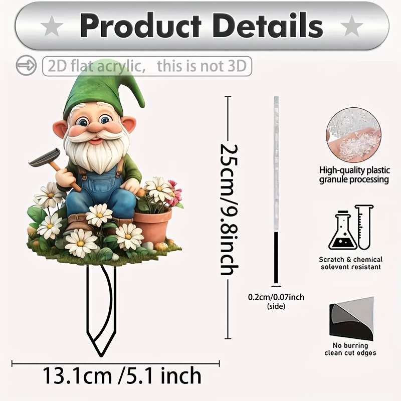1pc 2D Flat  A  Printed Acrylic Garden Gnome Decoration Perfect for Outdoor Use in Gardens Law