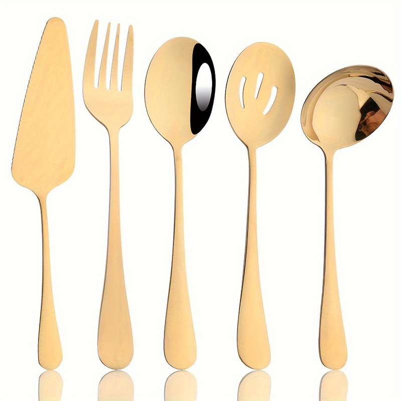 5pcs Colorful Stainless Steel Utensil Set Soup Spoon Ladle Salad Fork Cake Server Kitchen