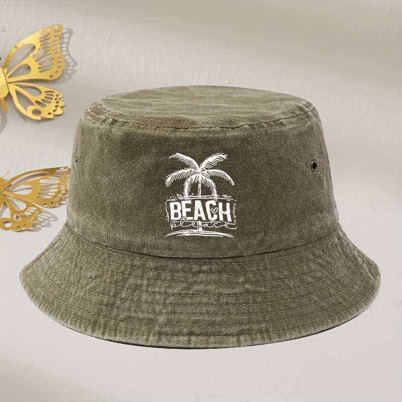 1pc Vintage Washed Grey Beach Bucket Hat with Palm Tree Print Unisex Sun Protection Fisherman Cap