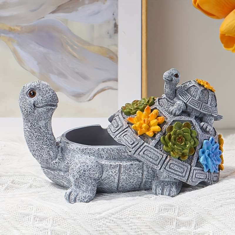 1pc Resin Mother and Youngsters Turtle Ashtray Oval Animal-Themed Ash Storage Box for Home and Gar