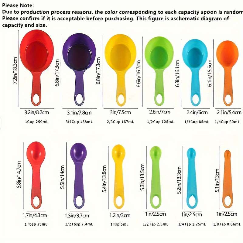 12-Piece Set Assorted Colors Plastic Measuring Cups and Spoons for Flour Milk Powder Coff