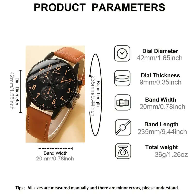 Men Watch 2pcs Set Men's Casual Quartz Wristwatch with Khaki Faux Leather Strap