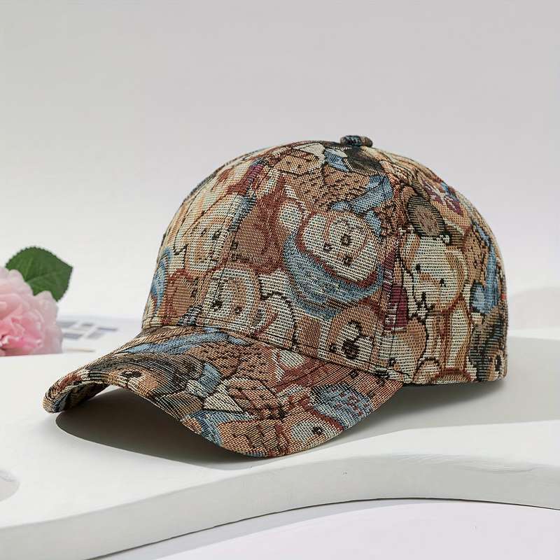 1pc Vibrant Bear Print Unisex Cotton Baseball Cap Trendy Sun Protection Breathable Adjustable