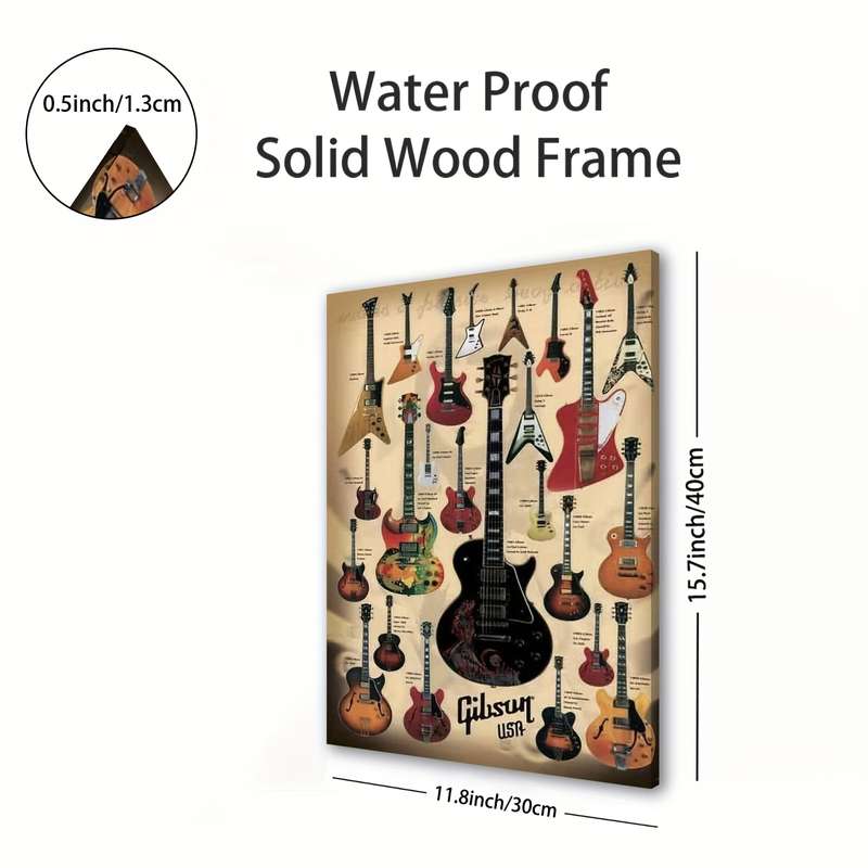 1pc Gibson Guitars Showcase Wooden Framed Canvas Wall Art Vintage Music Decor with 12 Iconic Elec