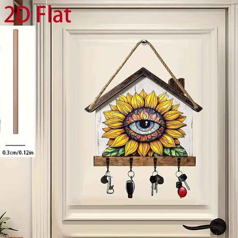 2D/Flat Sunflower Eye Simple Colorful Wooden and Home Key Holder with Four Metal Hooks Wall Decor