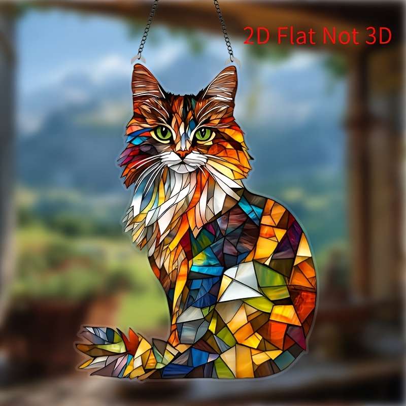 1pc 2D Flat   Acrylic Colorful Long-Haired Cat Sun Catcher 6.2x8 Inches Vibrant Mosaic Wall Ar