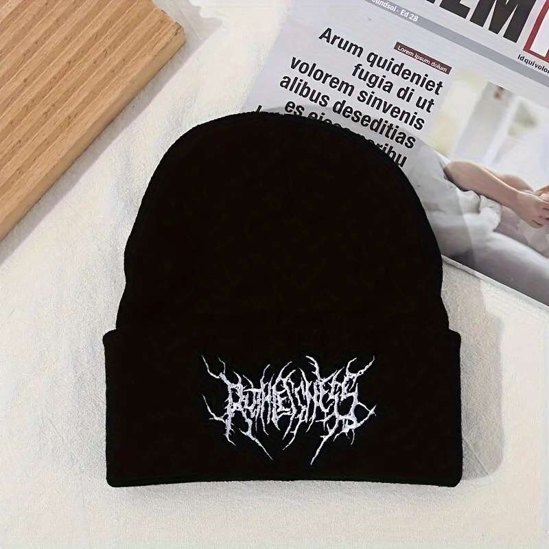 1pc Funky Geometric Embroidered Knit Beanie Hat Unisex Acrylic Warm Winter Skullcap Hand Washabl