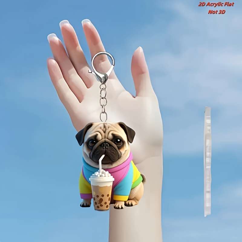 1pc 2D Flat  Acrylic Pug Keychain with Boba Tea Dual-Sided Cartoon Dog Charm 5cm 1.94 Inches I