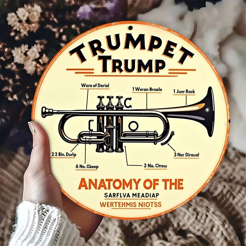 1pc Vintage Trumpet Anatomy Metal Wall Art Plaque 20.32cm Round Aluminum Decor Detailed Trumpet