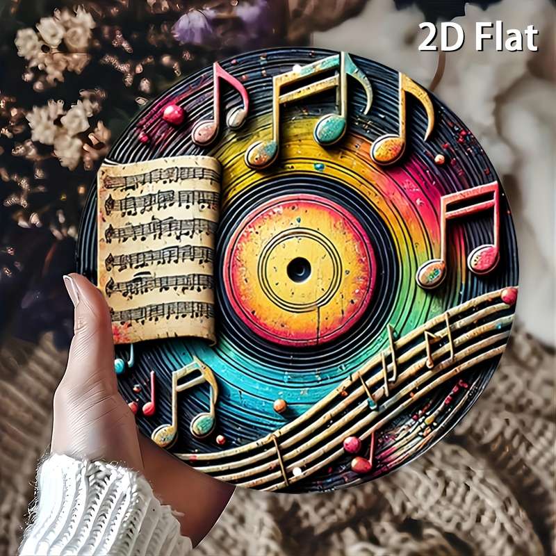 1pc 2D Flat  Vintage Metal Sign with Colorful Music Notes and Records Aluminum Round Poster wi