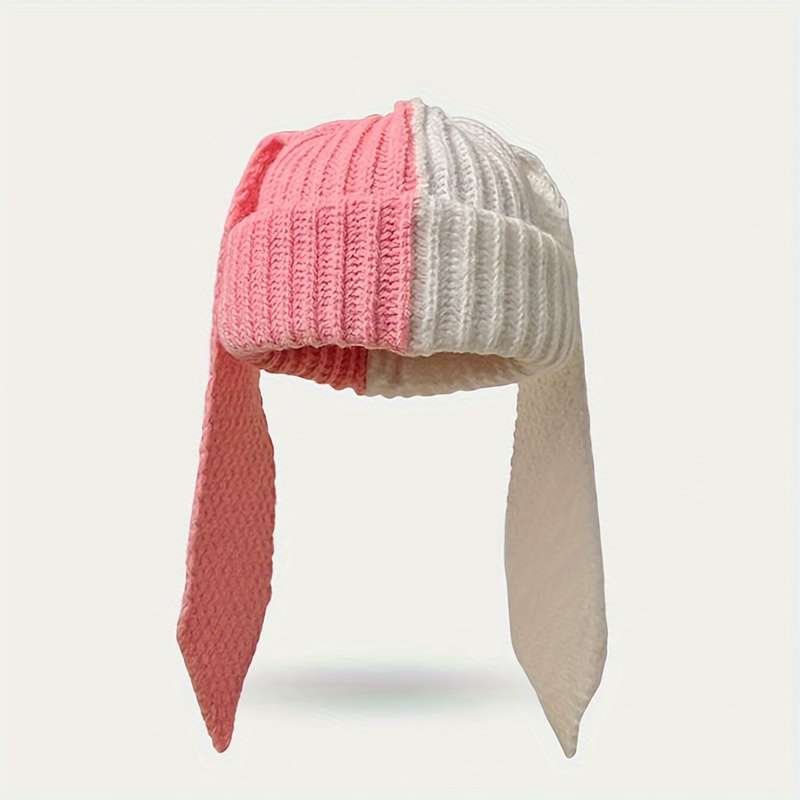 1pc Perfect Breathable Rabbit Ear Beanie Chic Colorblock Knit Rabbit Ear Beanie for Women Stret