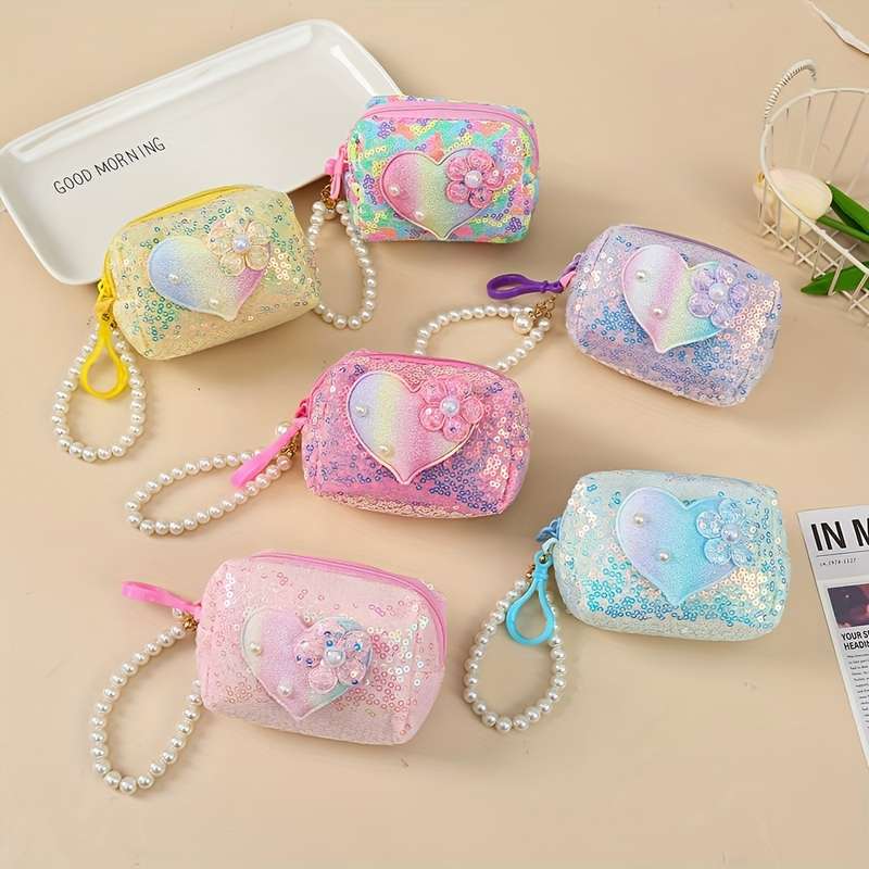 1pc Elegant Heart-Shaped Sequin Coin Purse with Pearl Accent C Vibrant Glitter Design Compact