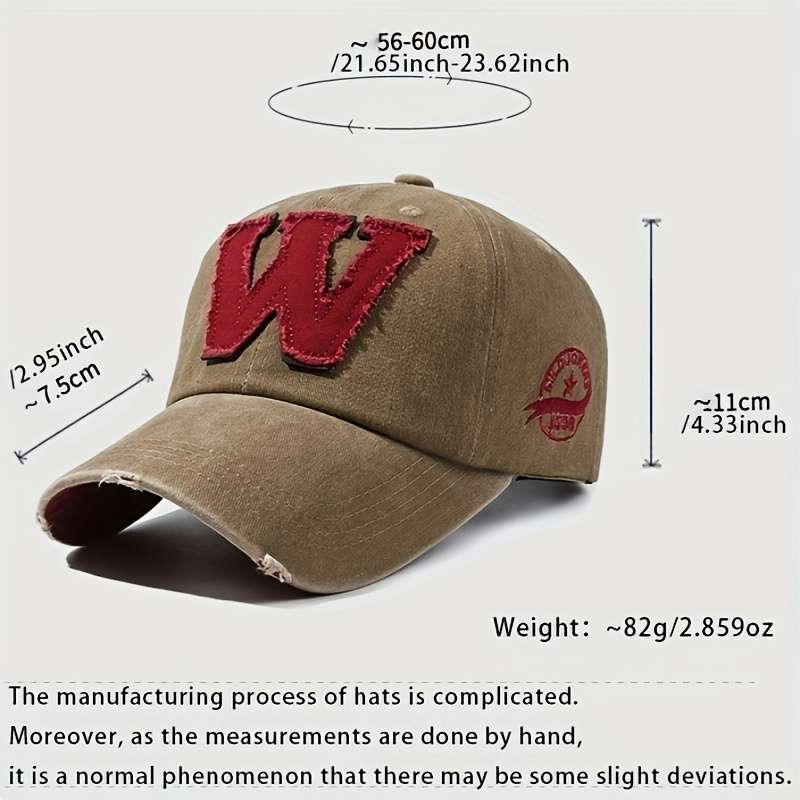 1pc Vintage Washed Embroidered "W" Baseball Cap Adjustable Fit Sweat Absorbent Sun Protection