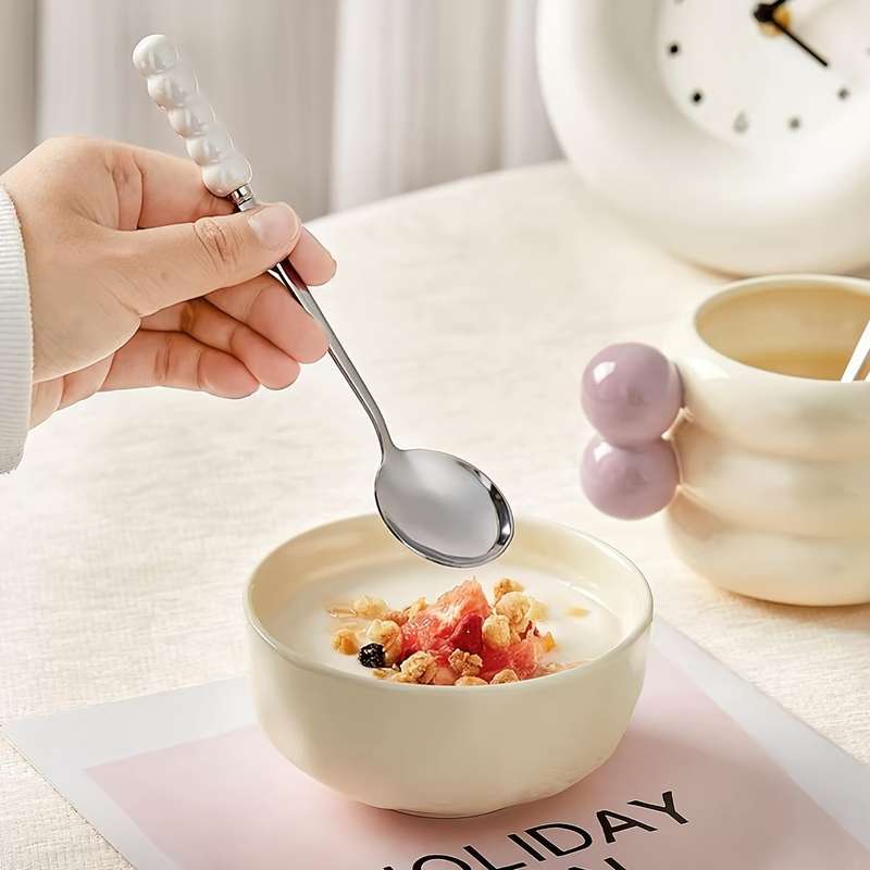 4pcs Stainless Steel Coffee Scoops with Elegant Ceramic Pearl Handle Multi-Purpose Soup Desse
