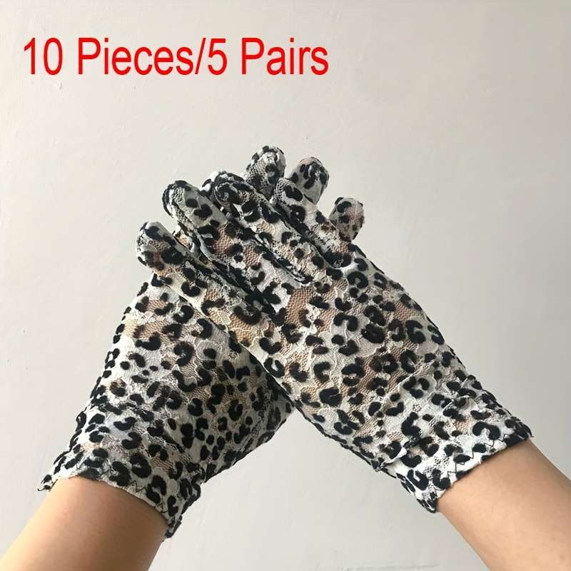 5 Pairs Black And White Leopard Print Lace Gloves