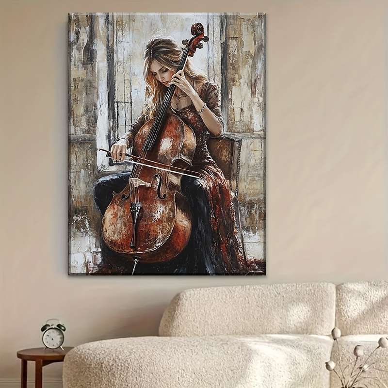 1pc Elegant Cellist Canvas Art Contemporary Fashion-Themed Woman Playing Cello High-Definition