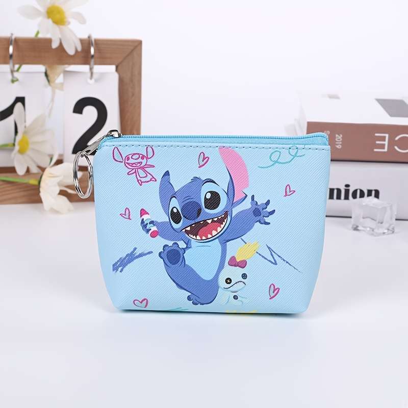 1pc Stitch Mini Wallet Cute Cartoon Coin Purse with Keyring Portable Card Holder Elegant Faux L