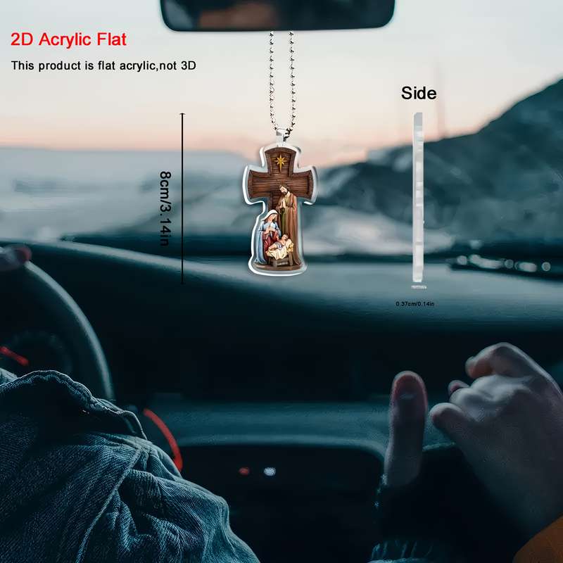 1pc 2D Flat    Acrylic Cross Car Pendant with Holy Family Religious Automotive Hangi