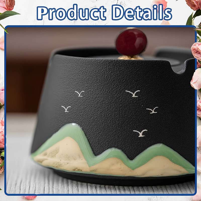 1pc Vintage Ceramic Ashtray with Lid C Windproof Black Mountain Bird Design for Indoor Outdoor Us