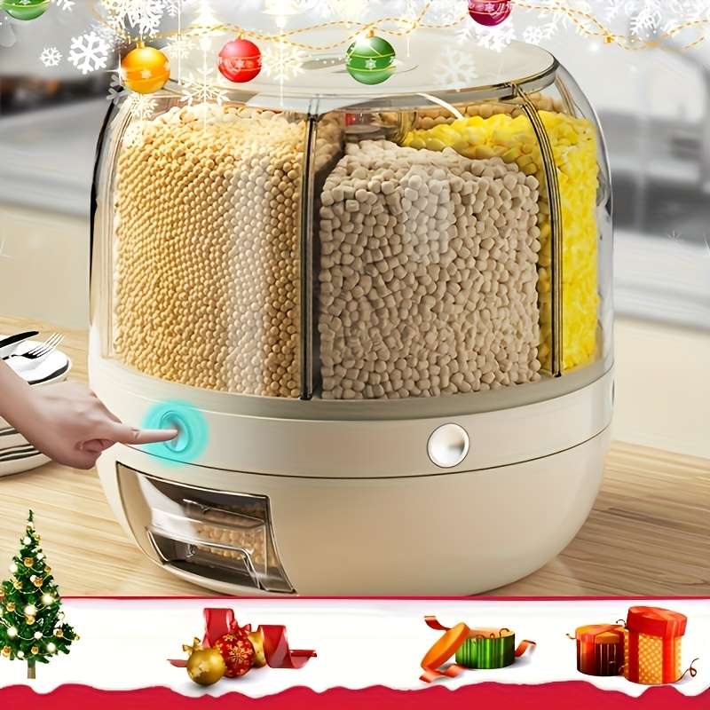 6-Compartment Rotating Rice Bucket with Transparent Lid Large Capacity Grain Storage Containe
