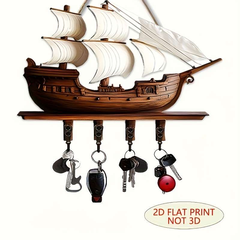 1pc Vintage Sailboat Wooden Key Holder with 4 Metal HooksEasy Install Space-Saving Wall Mount Or