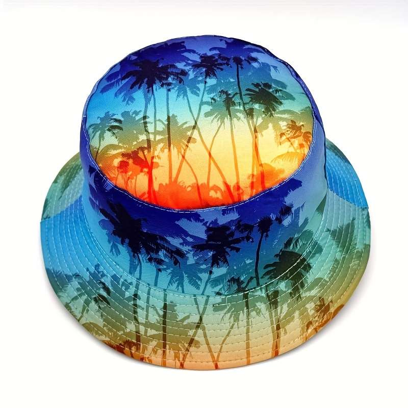 1pc Tropical Sunset Beach Palm Tree Print Reversible Bucket Hat Lightweight Polyester Unisex Fish