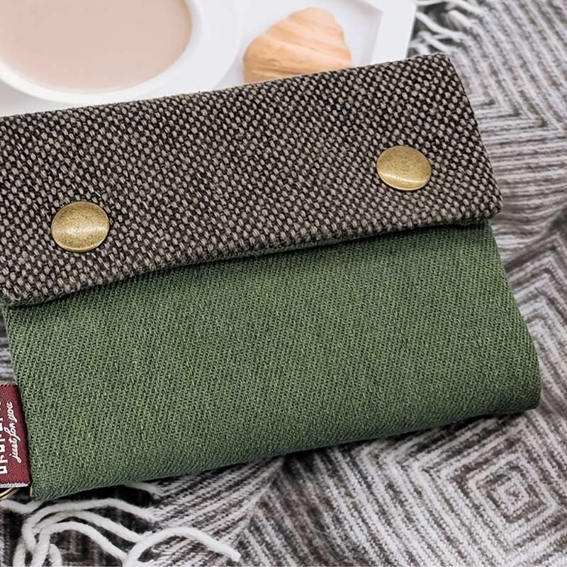 1pc Compact Bifold Wallet with Golden Snap Closure Unisex Fabric Coin Purse Card Holder Black