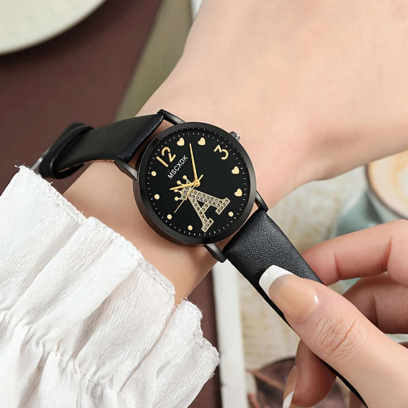 1pc Fashionable Women's Quartz Watch Round Analog Display Shock-Resistant Alloy Case PU Leather Band