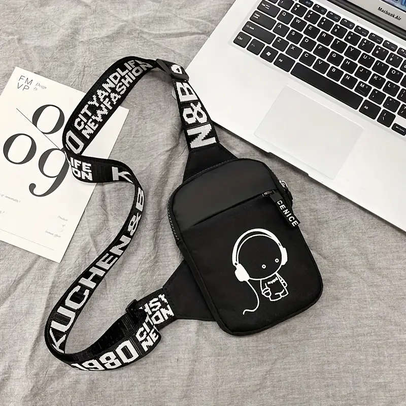 1pc Trendy Men's Nylon Chest Bag with Headphone Design Casual Mini Crossbody Satchel Sporty Adjustab