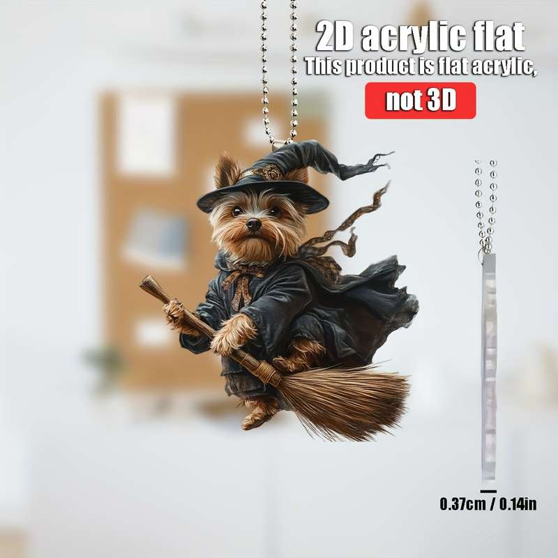 1pc 2D Flat   Yorkshire Terrier Magician  Acrylic Pendant Whimsical Dog in Wizard Costume w