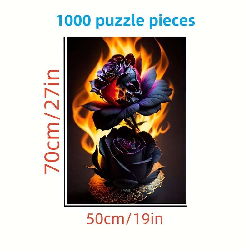 1000pcs Fire Rose Puzzle Challenging DIY Brain Teaser with Vibrant Black Red Rose