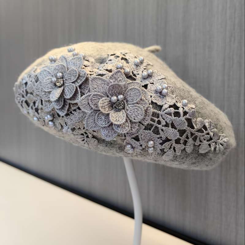 1pc Stylish Knitted Beret with Embroidery Design and Rhinestone Accents Vintage Style Fashionabl