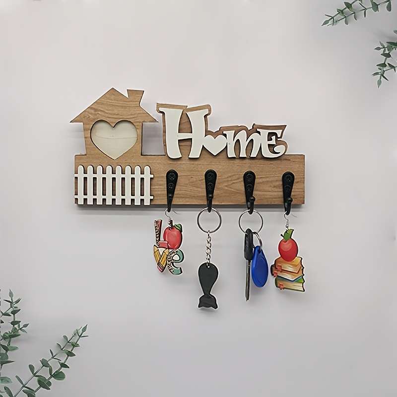 1pc Rustic Wooden Key Holder with Heart DesignEasy to Install Wall-Mounted Key Hook for Door or P