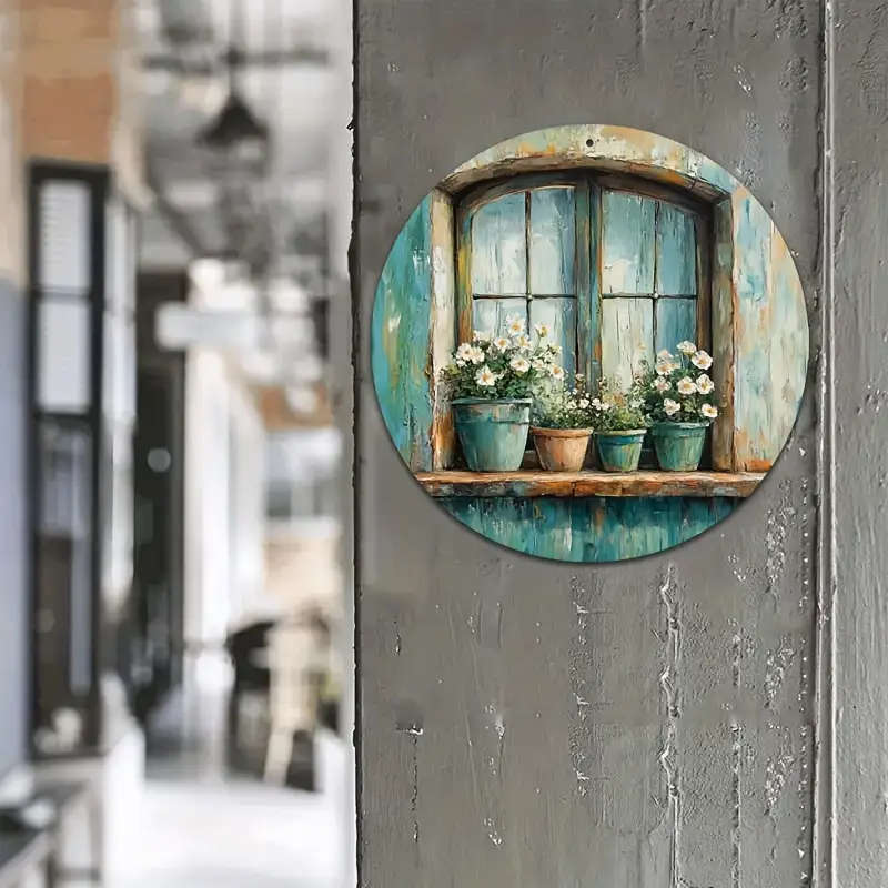 1pc 2D Tin Sign Window With Flowers In Pots Retro Aluminum Circular Metal Sign Metal Wreath Sign Ret