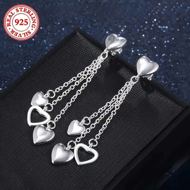 925 Sterling Silver Plated Tassel Heart Pendant Earrings