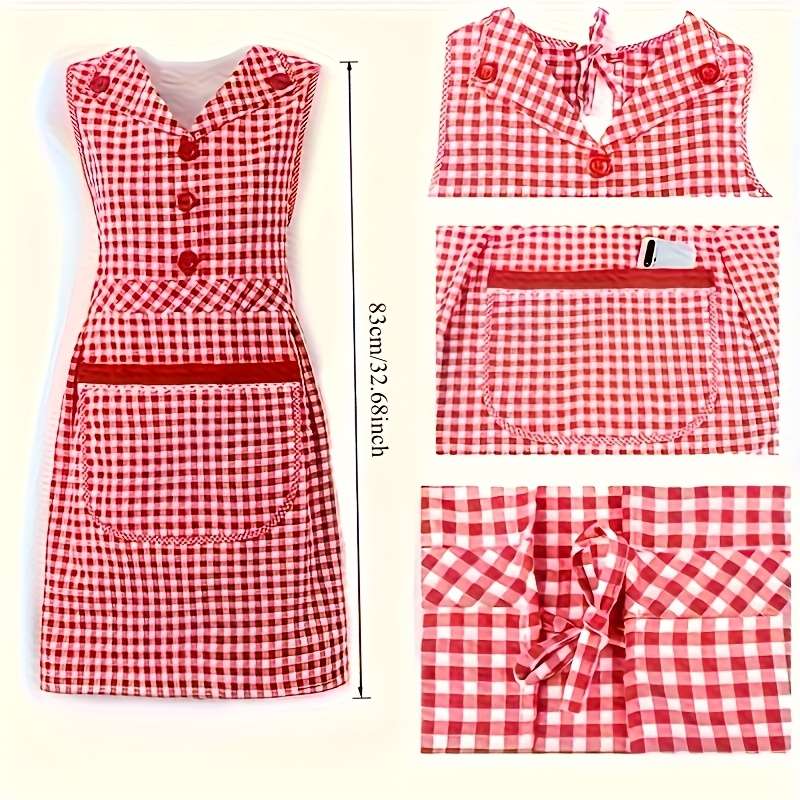 1pc Stylish Gingham Apron with Collar Red White or Black White Plaid Pattern Adjustable