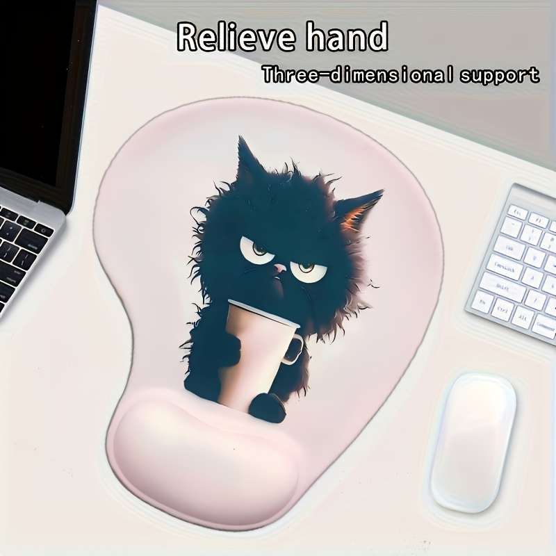 1pc Ergonomic Silicone Mouse Pad with Cute Cat Design Pink Non-Slip Base Wrist Suppor