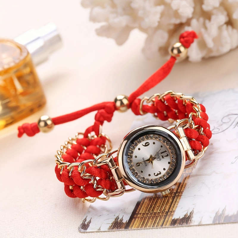 1pc Rhinestone-Inlaid Dial Adjustable Braided Cord Durable Quartz Movement Ladies' Wristwatch Fashio