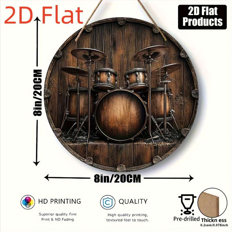 1pc 2D Flat 20.32x20.32 cm Drum-Themed Round Wooden Wall Art Frameless Rustic Metallic Finish I