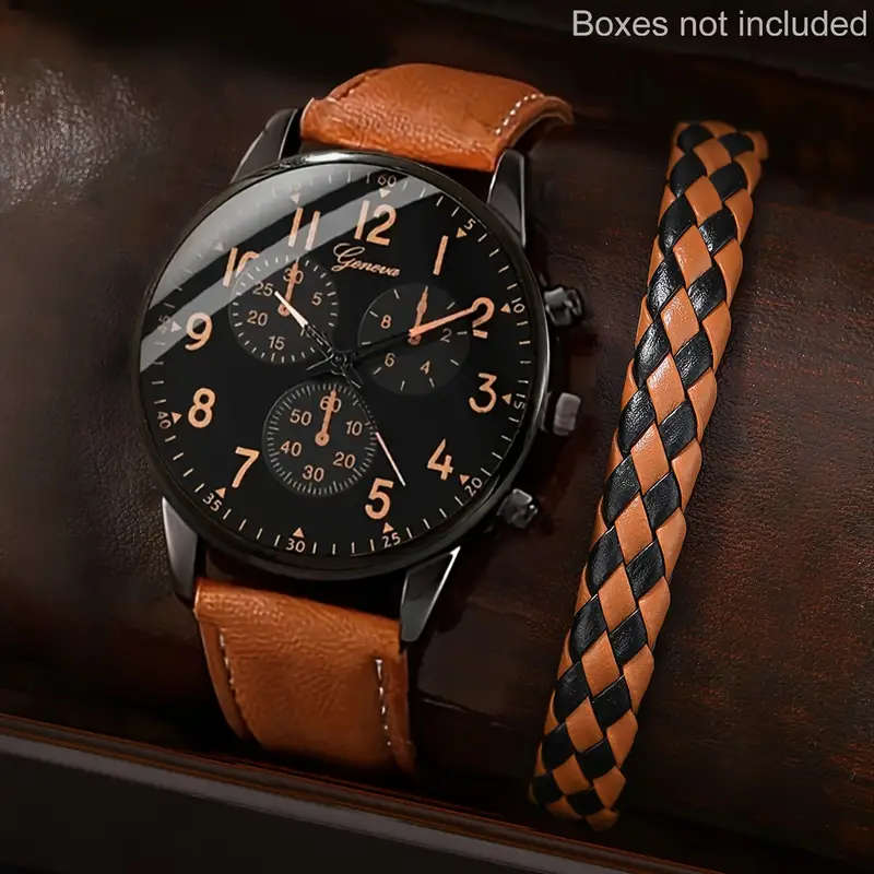 Men Watch 2pcs Set Men's Casual Quartz Wristwatch with Khaki Faux Leather Strap