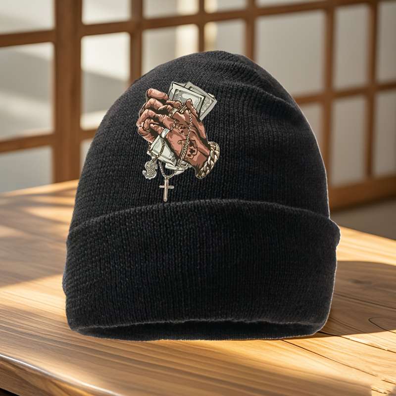 1pc Men's Hip Hop Style Black Knit Beanie with Cross Pattern Warm Stretchy Machine Washable