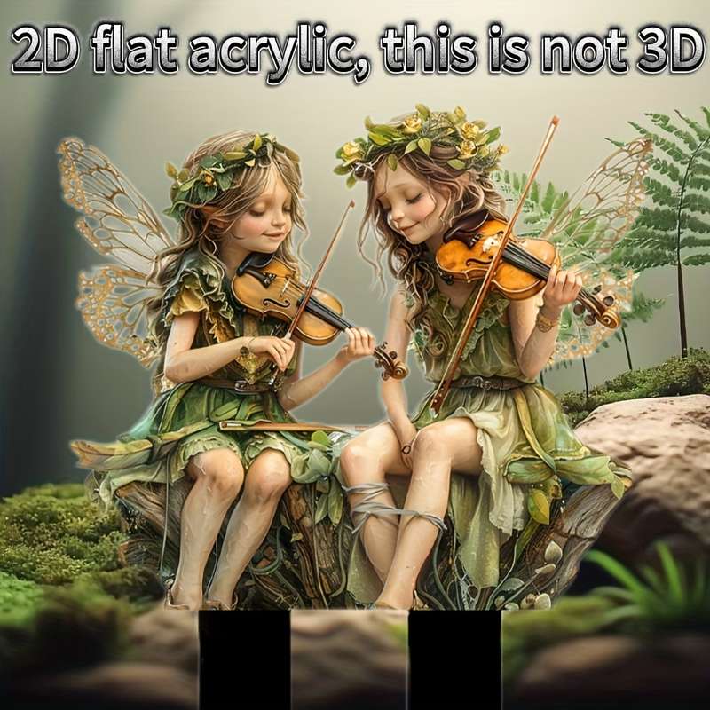 1pc 2D Flat   Acrylic Fairy Garden Stake Decorations Whimsical Elf Figurines Playing Violins W