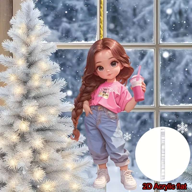 1pc 2D Flat  Acrylic Pendant Long Braided Pink Girl with Drink Ideal for Car Rearview Mirror Wal