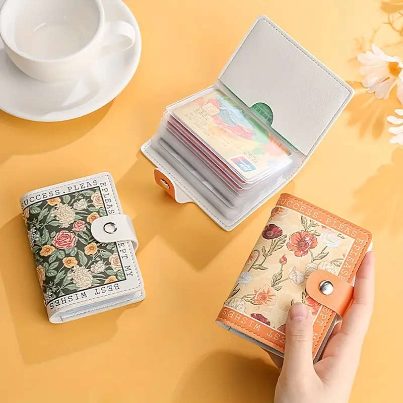 1pc Chic Women's Floral Credit Card Holder Compact Faux Leather Wallet with Snap Closure Large Capac