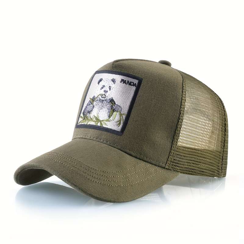 1pc Unisex Adjustable Baseball Cap with Panda Bamboo Embroidery Breathable Mesh Back Olive G
