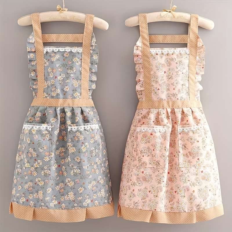 1pc Elegant Floral Print Apron for Women Double-Pocket Design with Ruffled Details Perfect f