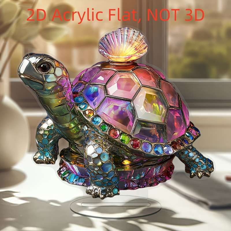 1pc 2D Flat   Crystal Iridescent Turtle Figurine Acrylic Decorative Sculpture with Base Contemp