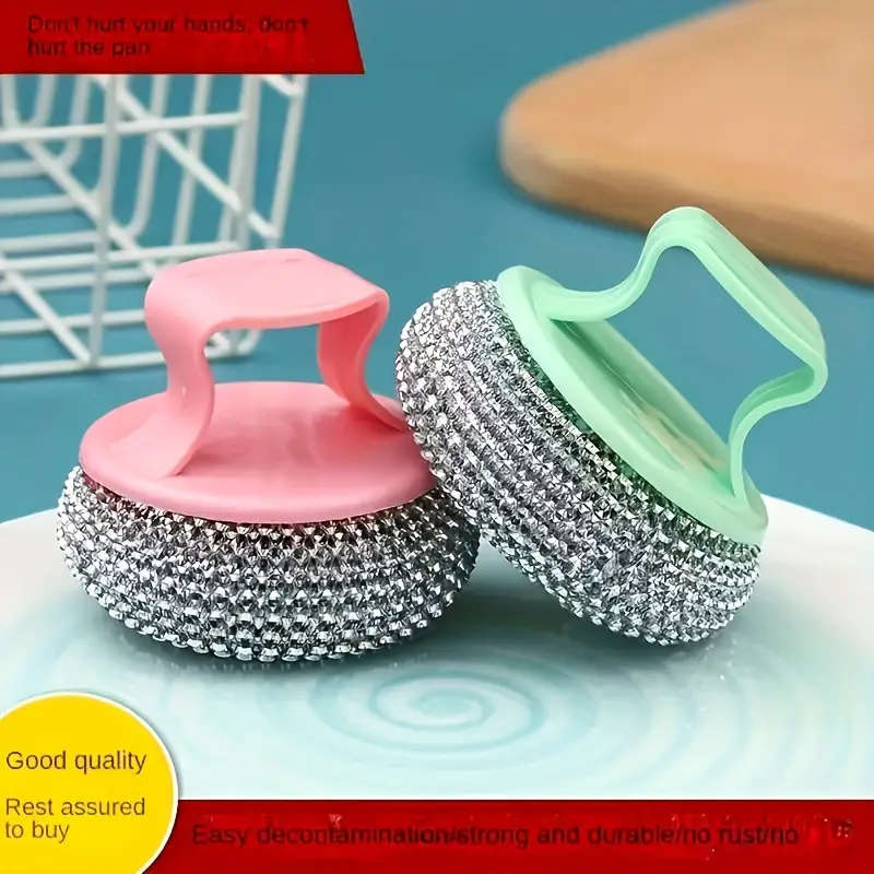 2pcs Stainless Steel Sponge Handle Scrub Bru  Kitchen Cleaning Tool On-Scratch Nano Wire Detachable