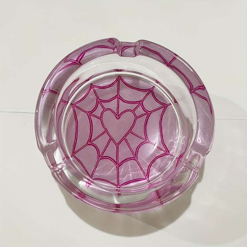 1pc Pink Spider Web Pattern Glass Ashtray 8.5CM Sweet Cute Pink Round Ashtray Creative Luxury O