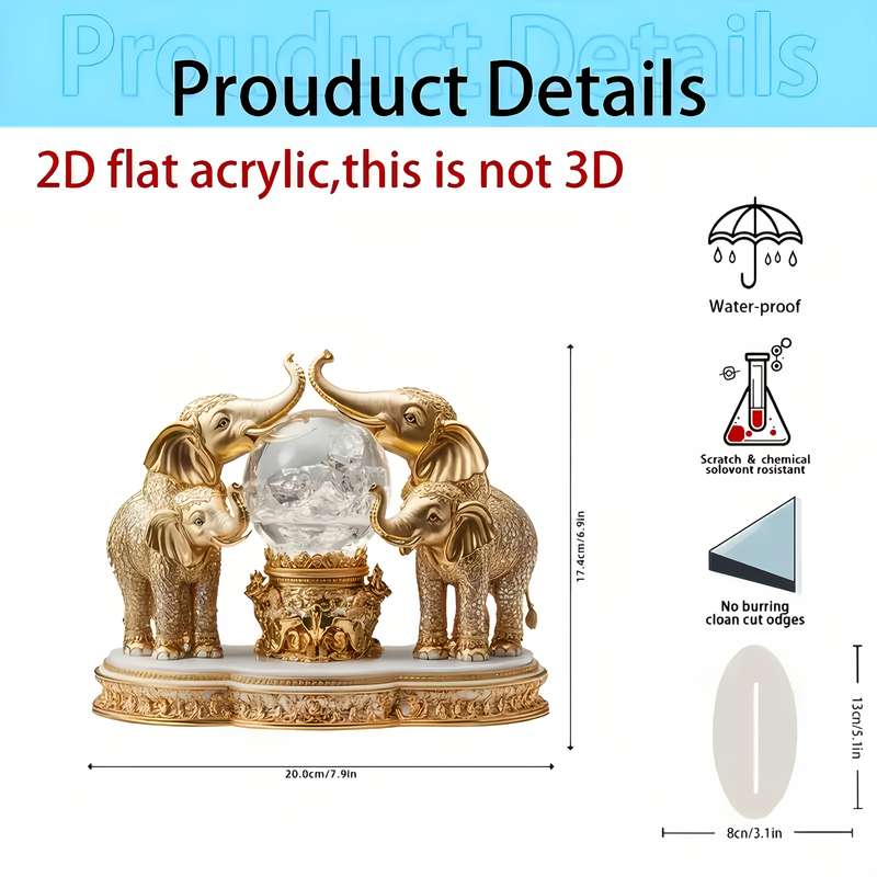 1pc 2D Flat  Bohemian  Acrylic Elephant Figurine with Crystal Ball Handcrafted Desktop Decor fo
